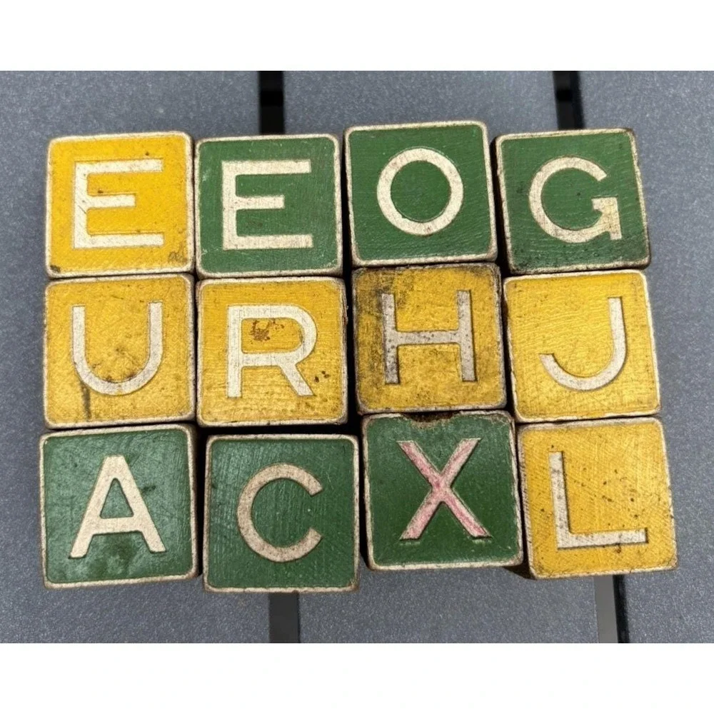 Vintage wood alphabet building blocks letters object animals pictures 1950's